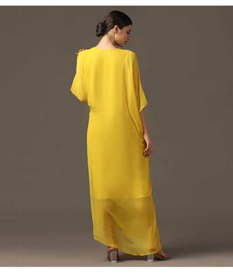 Yellow embroidered draped dress 3