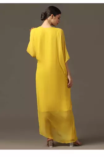 Yellow embroidered draped dress