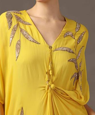 Yellow embroidered draped dress 4