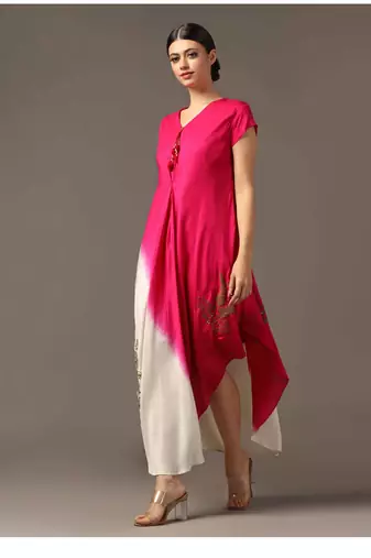 Pink and off-white shaded high low layered dress