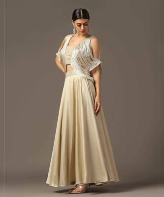 Champagne gold cold shoulder fringed croptop and skirt set 1