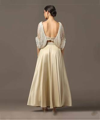 Champagne gold cold shoulder fringed croptop and skirt set 2