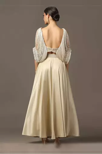 Champagne gold cold shoulder fringed croptop and skirt set