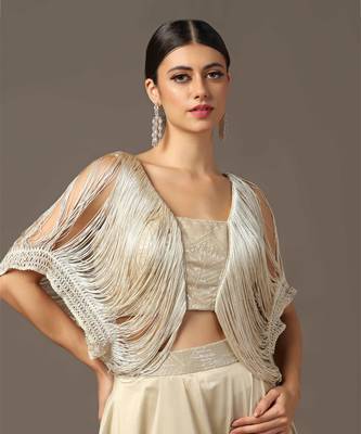 Champagne gold cold shoulder fringed croptop and skirt set 4