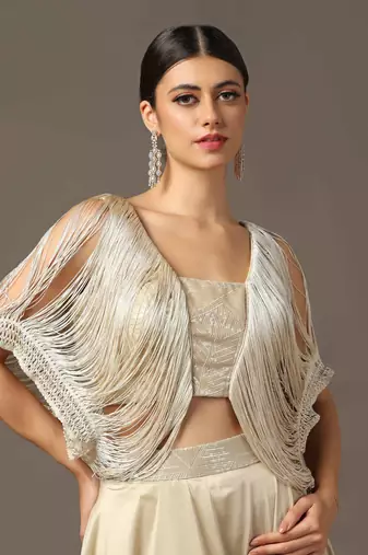 Champagne gold cold shoulder fringed croptop and skirt set