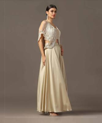 Champagne gold cold shoulder fringed croptop and skirt set 5