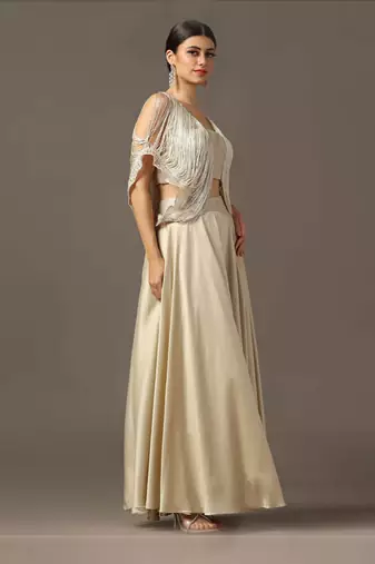 Champagne gold cold shoulder fringed croptop and skirt set