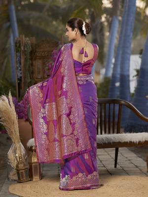 Banarasi woven purple jacquard work saree with blouse piece 3
