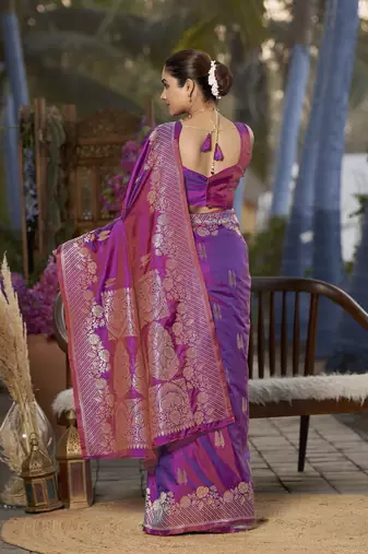 Banarasi woven purple jacquard work saree with blouse piece