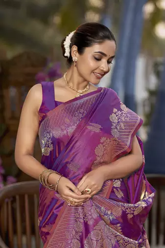 Banarasi woven purple jacquard work saree with blouse piece