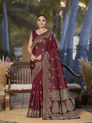 Banarasi woven maroon jacquard work saree with blouse piece 1