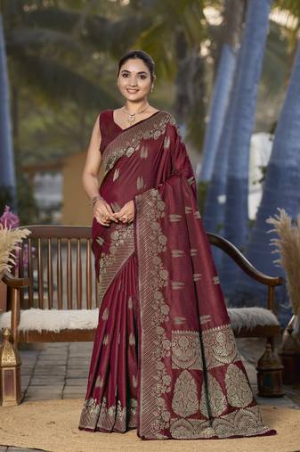 Banarasi woven maroon jacquard work saree with blouse piece