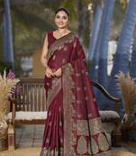 Banarasi woven maroon jacquard work saree with blouse piece