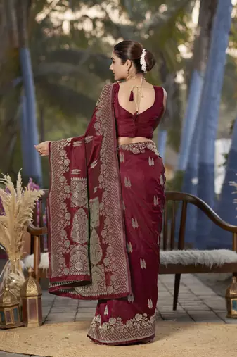 Banarasi woven maroon jacquard work saree with blouse piece
