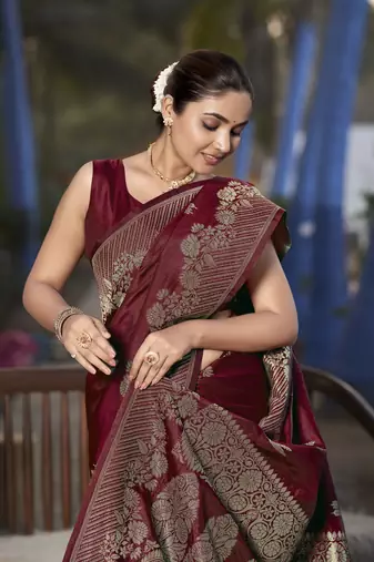 Banarasi woven maroon jacquard work saree with blouse piece