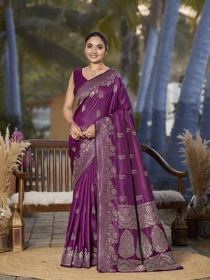 Banarasi woven wine jacquard work saree with blouse piece 1