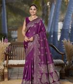 Banarasi woven wine jacquard work saree with blouse piece