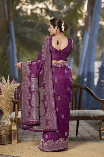 Banarasi woven wine jacquard work saree with blouse piece