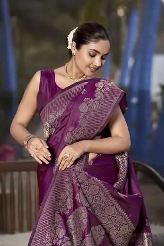 Banarasi woven wine jacquard work saree with blouse piece