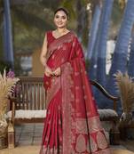 Banarasi woven red jacquard work saree with blouse piece