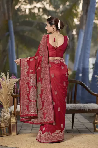 Banarasi woven red jacquard work saree with blouse piece