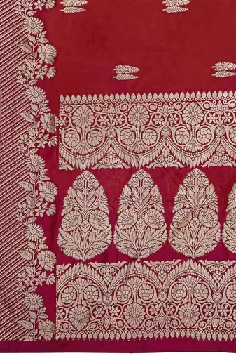 Banarasi woven red jacquard work saree with blouse piece