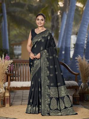 Banarasi woven black jacquard work saree with blouse piece 1