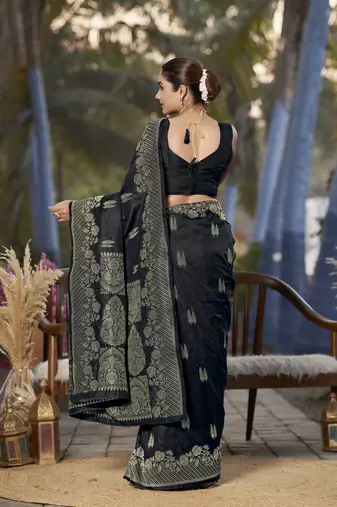 Banarasi woven black jacquard work saree with blouse piece