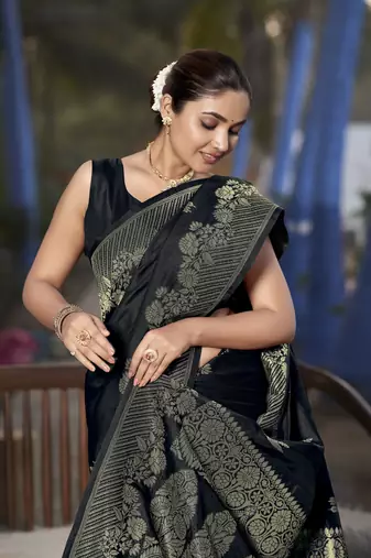 Banarasi woven black jacquard work saree with blouse piece