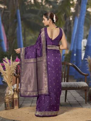 Banarasi woven purple jacquard work saree with blouse piece 3