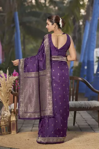 Banarasi woven purple jacquard work saree with blouse piece