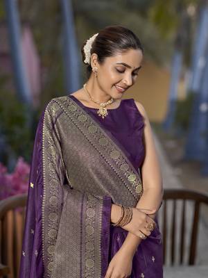 Banarasi woven purple jacquard work saree with blouse piece 4