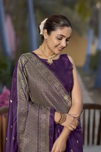 Banarasi woven purple jacquard work saree with blouse piece