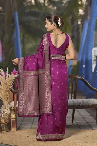 Banarasi woven purple wine jacquard work saree with blouse piece