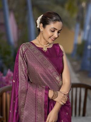 Banarasi woven purple wine jacquard work saree with blouse piece 3