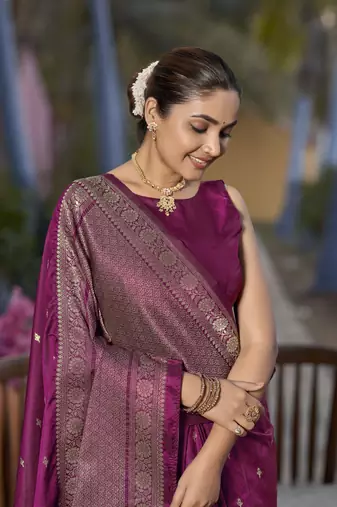 Banarasi woven purple wine jacquard work saree with blouse piece