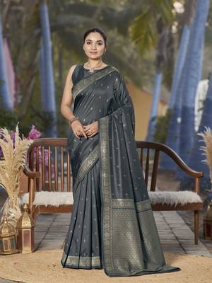 Banarasi woven grey jacquard work saree with blouse piece 1