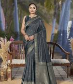Banarasi woven grey jacquard work saree with blouse piece