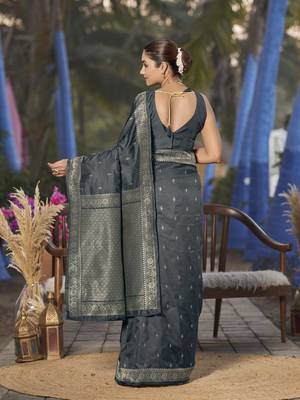 Banarasi woven grey jacquard work saree with blouse piece 2