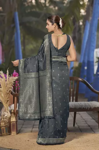 Banarasi woven grey jacquard work saree with blouse piece