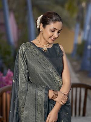 Banarasi woven grey jacquard work saree with blouse piece 3