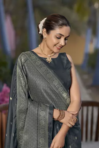 Banarasi woven grey jacquard work saree with blouse piece