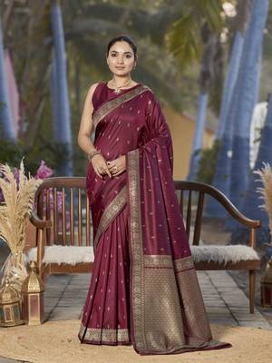 Banarasi woven maroon jacquard work saree with blouse piece 1