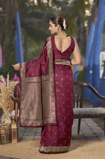 Banarasi woven maroon jacquard work saree with blouse piece