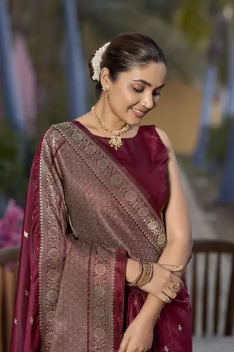 Banarasi woven maroon jacquard work saree with blouse piece