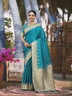 Banarasi satin silk woven turquiose blue jacquard work saree with blouse piece 1