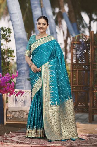 Banarasi satin silk woven turquiose blue jacquard work saree with blouse piece