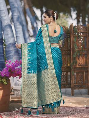 Banarasi satin silk woven turquiose blue jacquard work saree with blouse piece 3