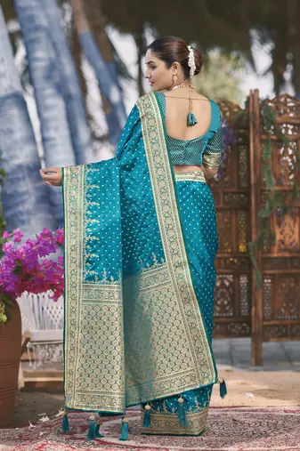 Banarasi satin silk woven turquiose blue jacquard work saree with blouse piece
