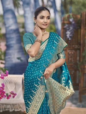 Banarasi satin silk woven turquiose blue jacquard work saree with blouse piece 4